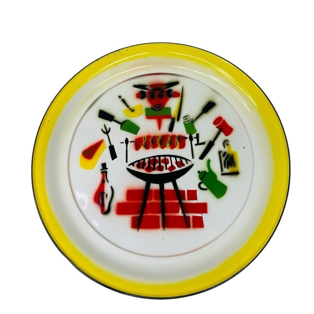Vintage 1960's Round Colorful Enamel Tin‎ BBQ Large Serving Platter Tray MCM